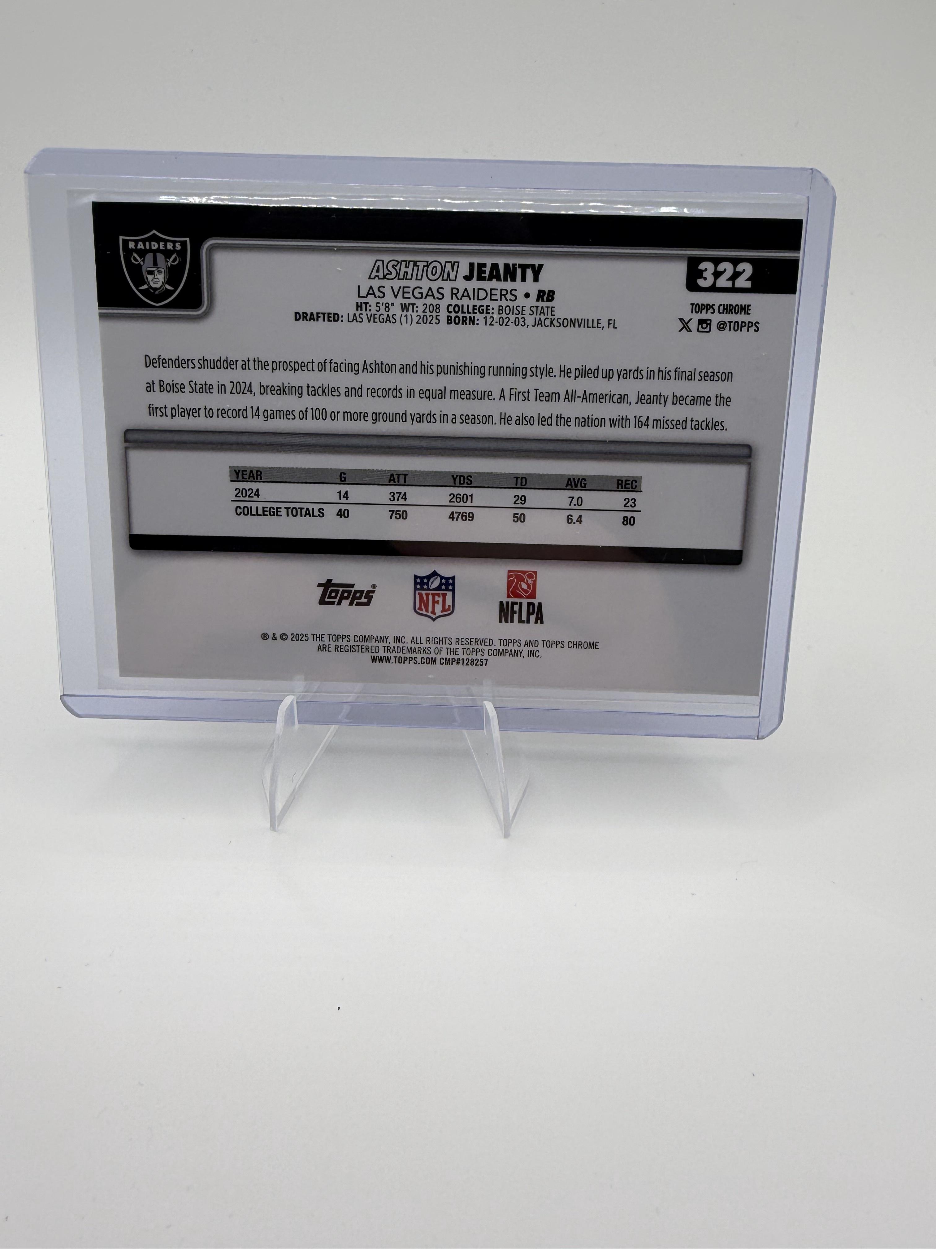 2025 Topps Chrome Ashton Jeanty RC #322 Raiders Rookie Running Back