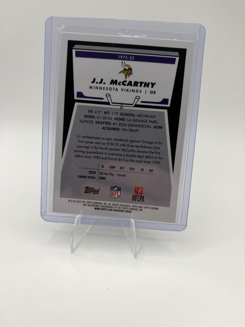 2025 Topps Chrome J.J. McCarthy 1975 Topps Insert #1975-22 Vikings Rookie QB
