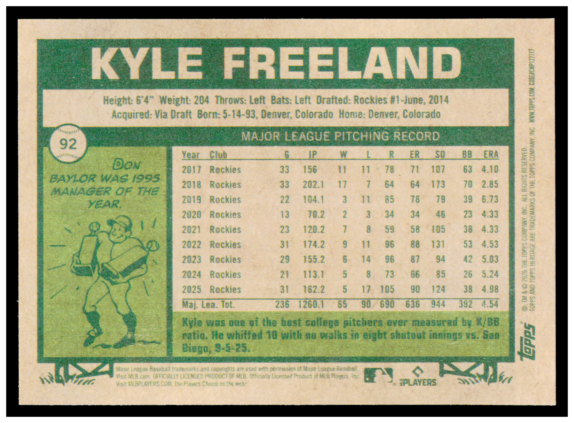 2026 Topps Heritage Kyle Freeland Card Colorado Rockies #92