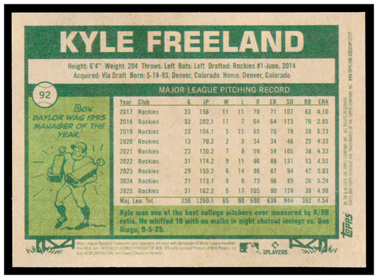 2026 Topps Heritage Kyle Freeland Card Colorado Rockies #92