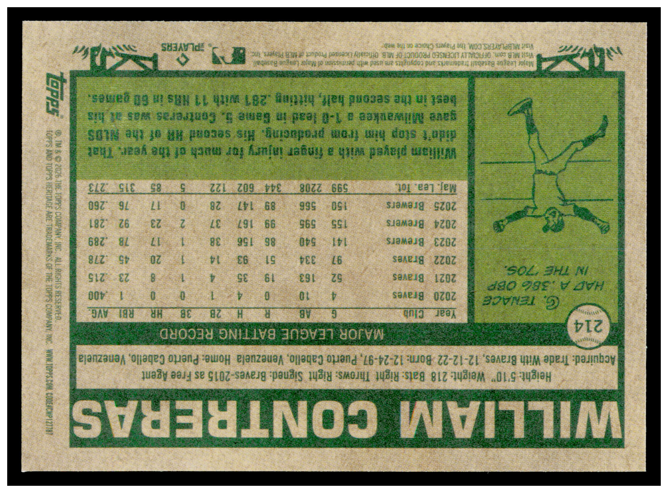 2026 Topps Heritage William Contreras Card Milwaukee Brewers #214
