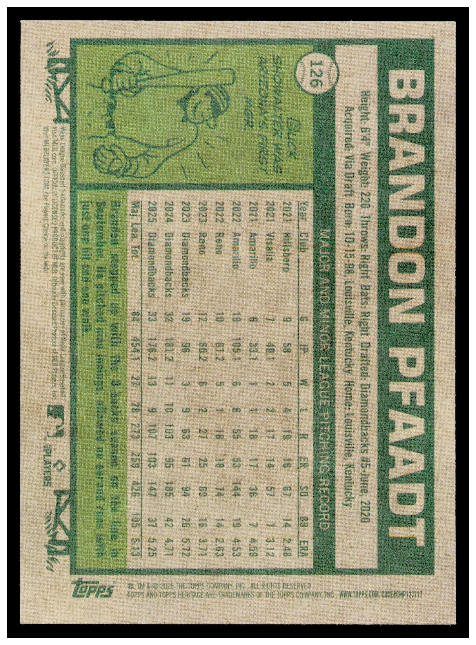 2026 Topps Heritage Brandon Pfaadt Card Arizona Diamondbacks #126