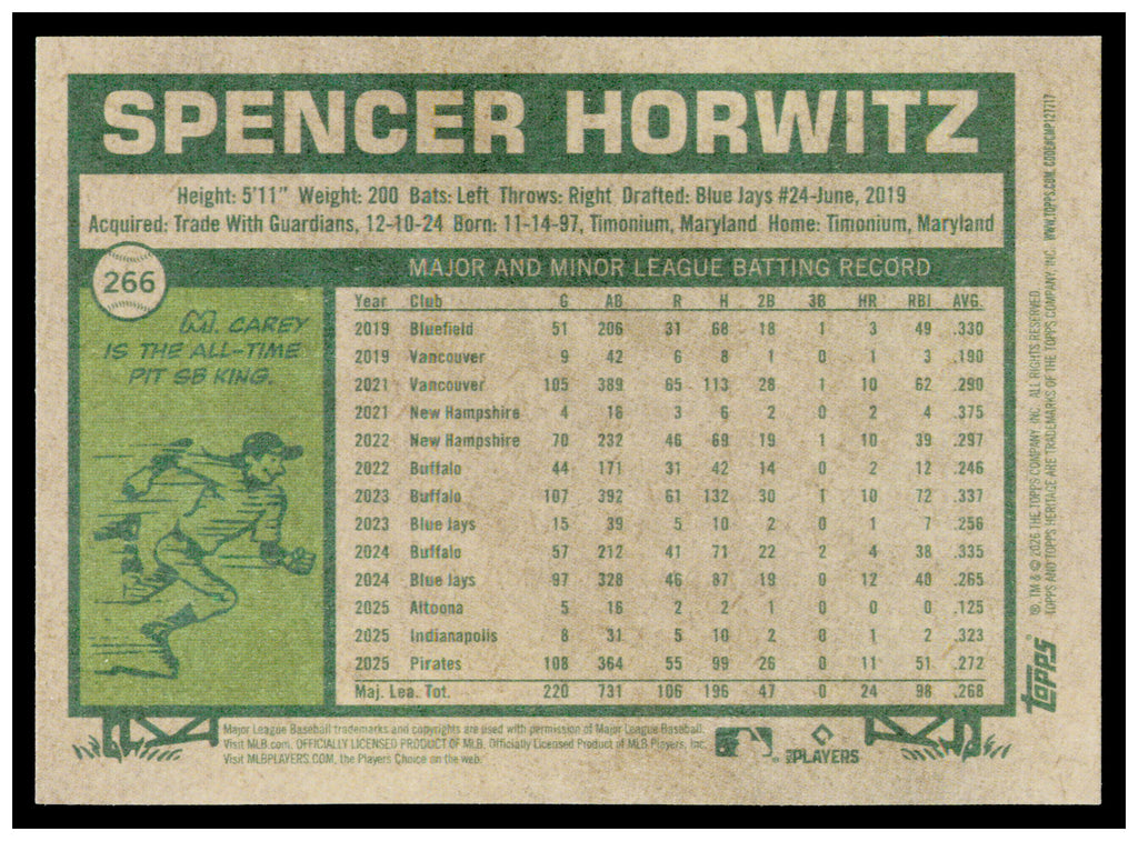 2026 Topps Heritage Spencer Horwitz Card Pittsburgh Pirates #266