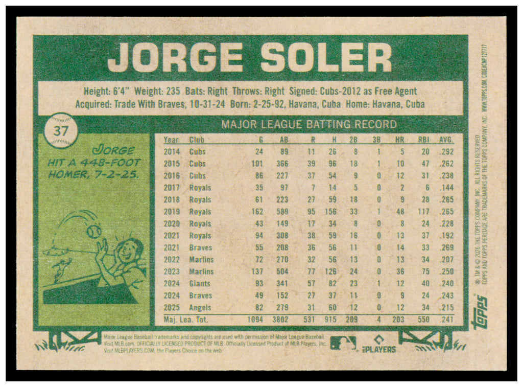 2026 Topps Heritage Jorge Soler Card Los Angeles Angels #37
