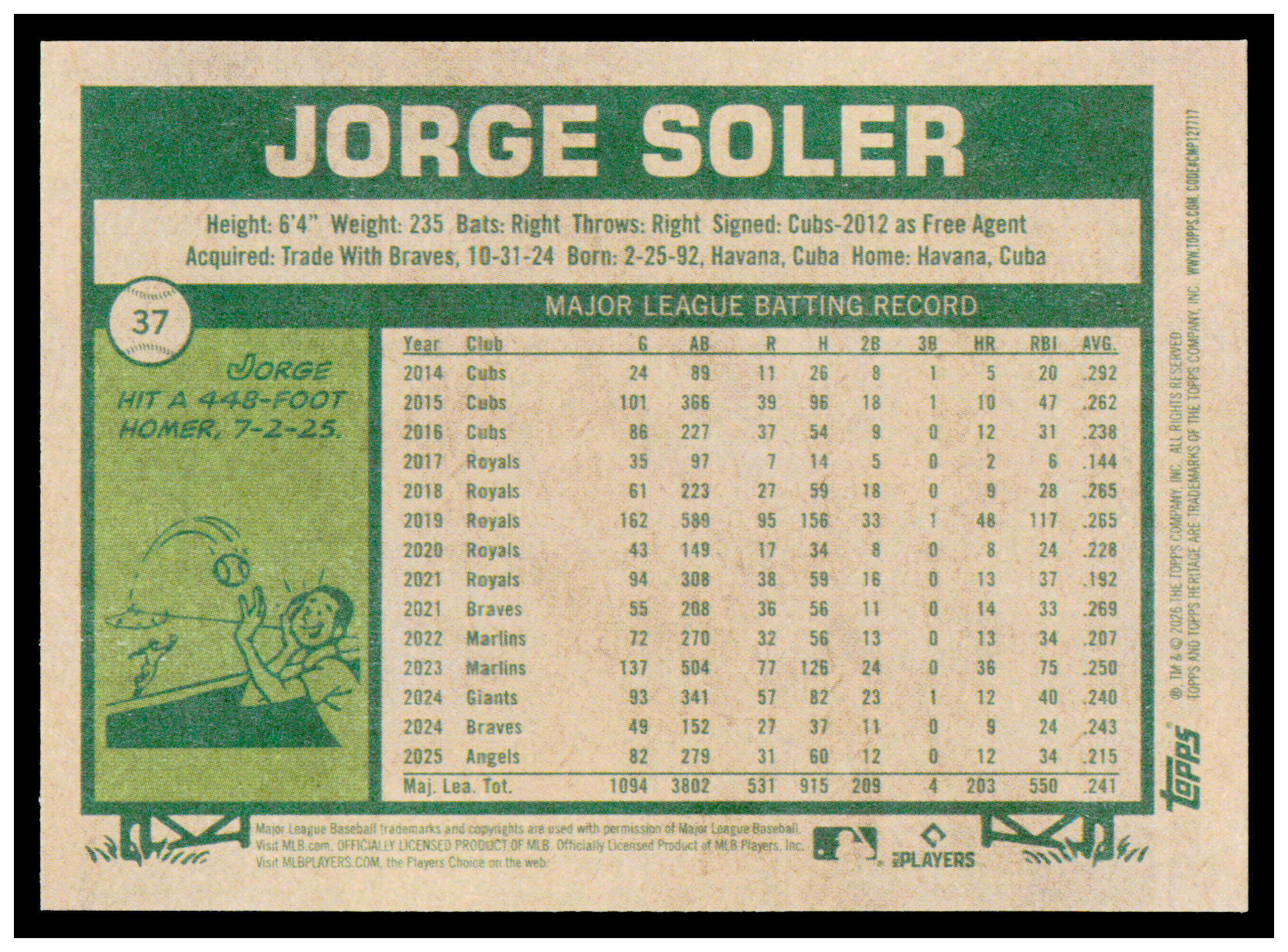 2026 Topps Heritage Jorge Soler Card Los Angeles Angels #37