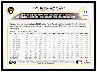 2022 Topps Avisail Garcia Card Milwaukee Brewers #92