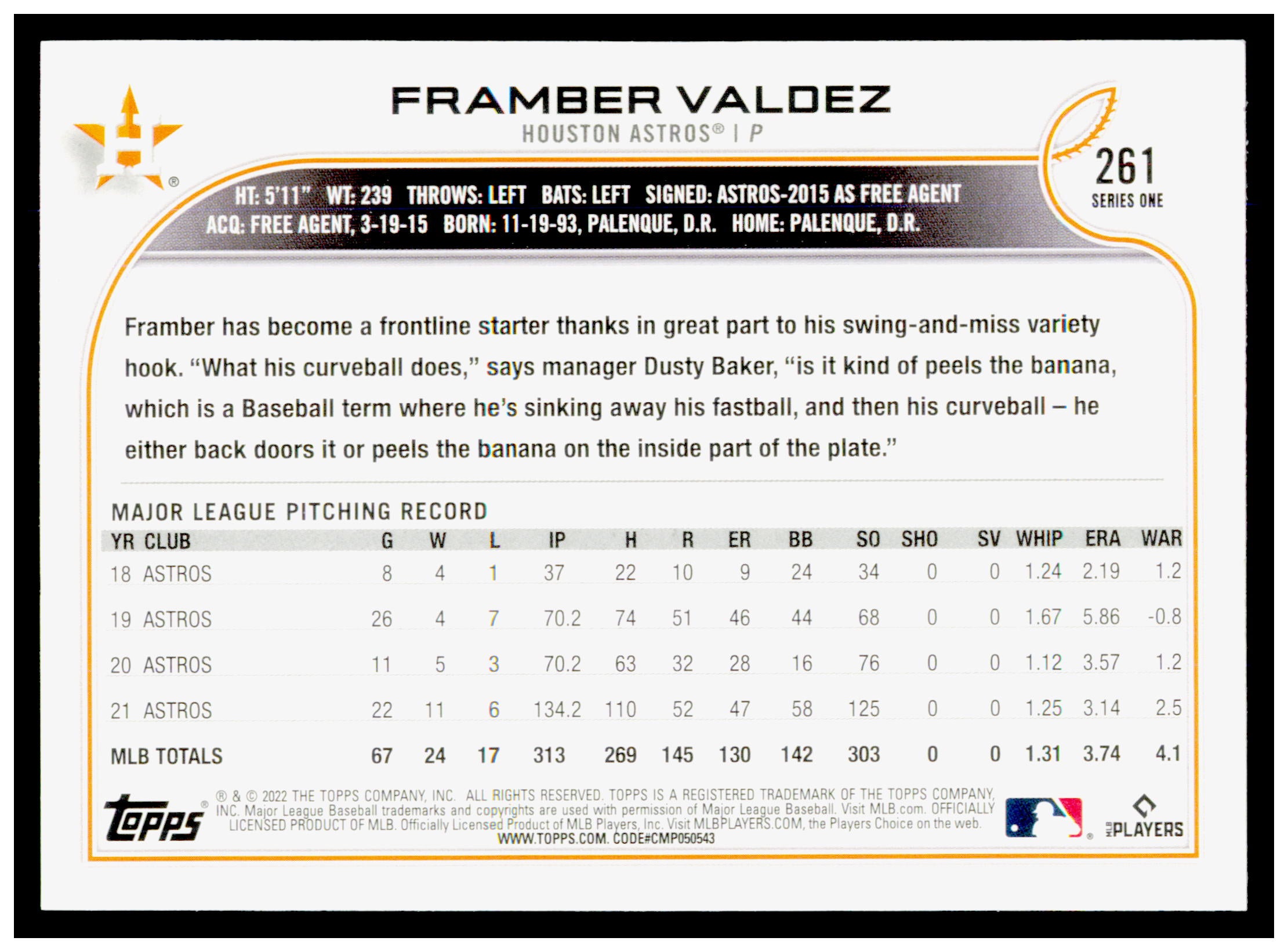 2022 Topps Framber Valdez Card Royal Blue Houston Astros #261
