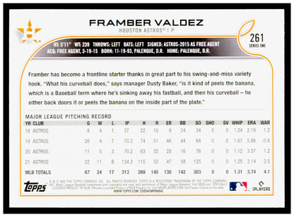2022 Topps Framber Valdez Card Royal Blue Houston Astros #261