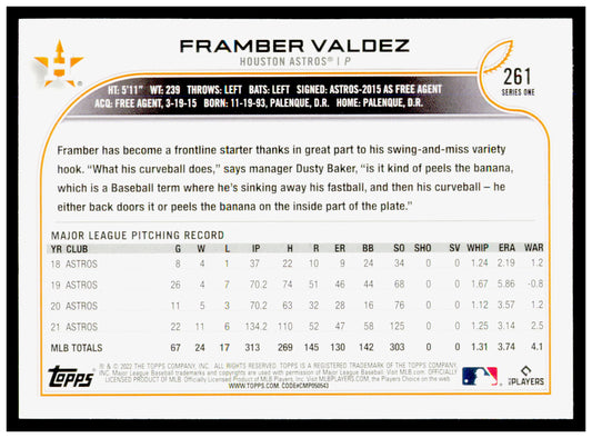 2022 Topps Framber Valdez Card Royal Blue Houston Astros #261