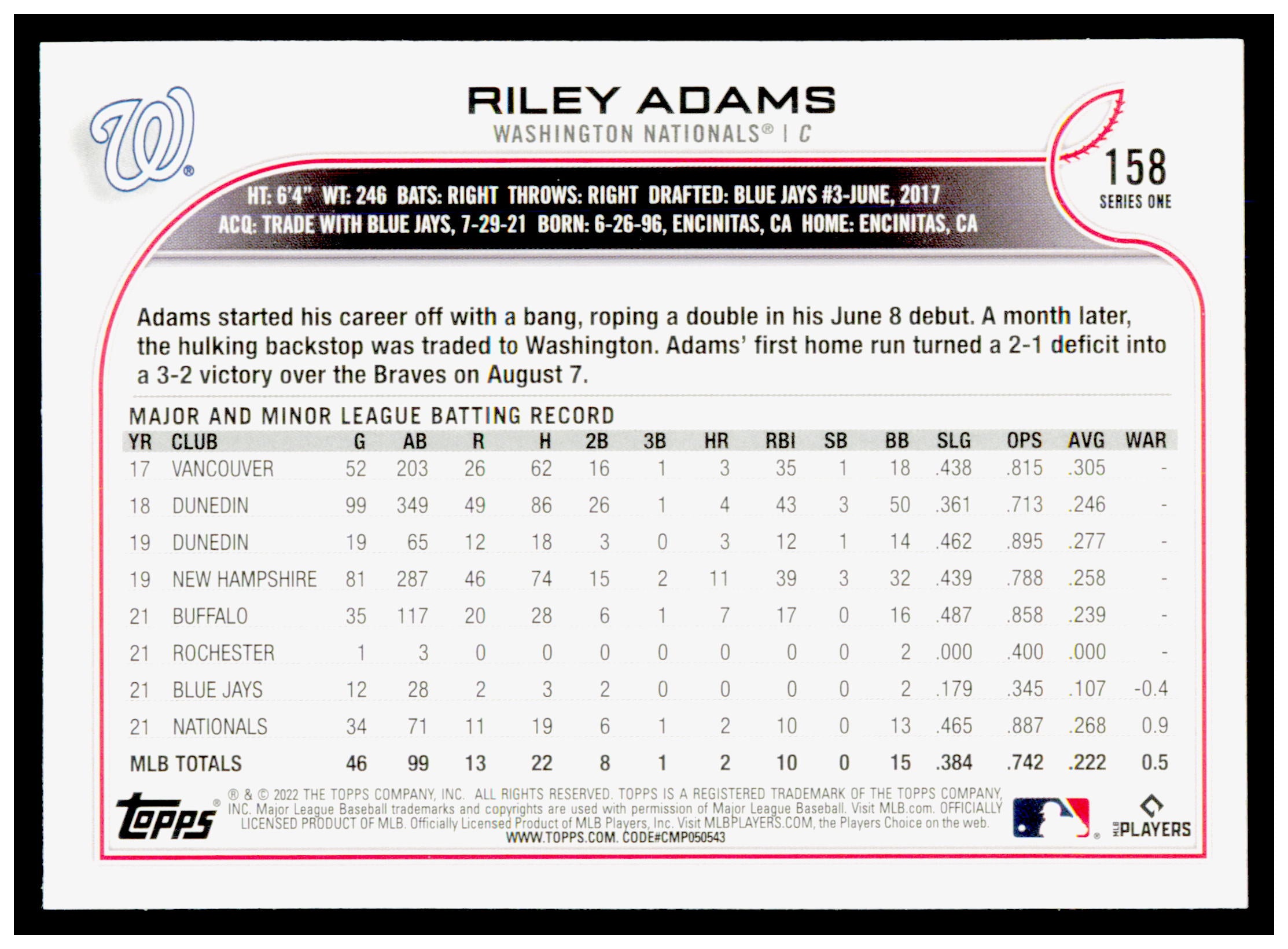 2022 Topps Riley Adams Card RC Washington Nationals #158