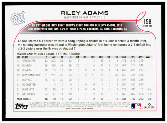 2022 Topps Riley Adams Card RC Washington Nationals #158