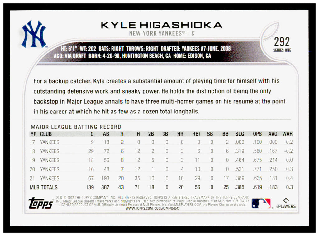 2022 Topps Kyle Higashioka Card New York Yankees #292