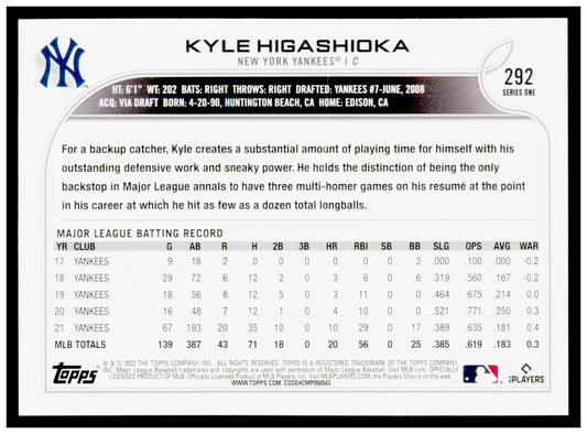 2022 Topps Kyle Higashioka Card New York Yankees #292