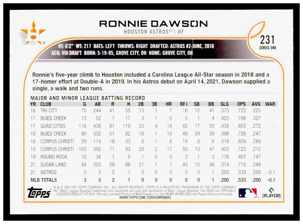2022 Topps Ronnie Dawson  Card All-Star Game Stamped RC Houston Astros #231