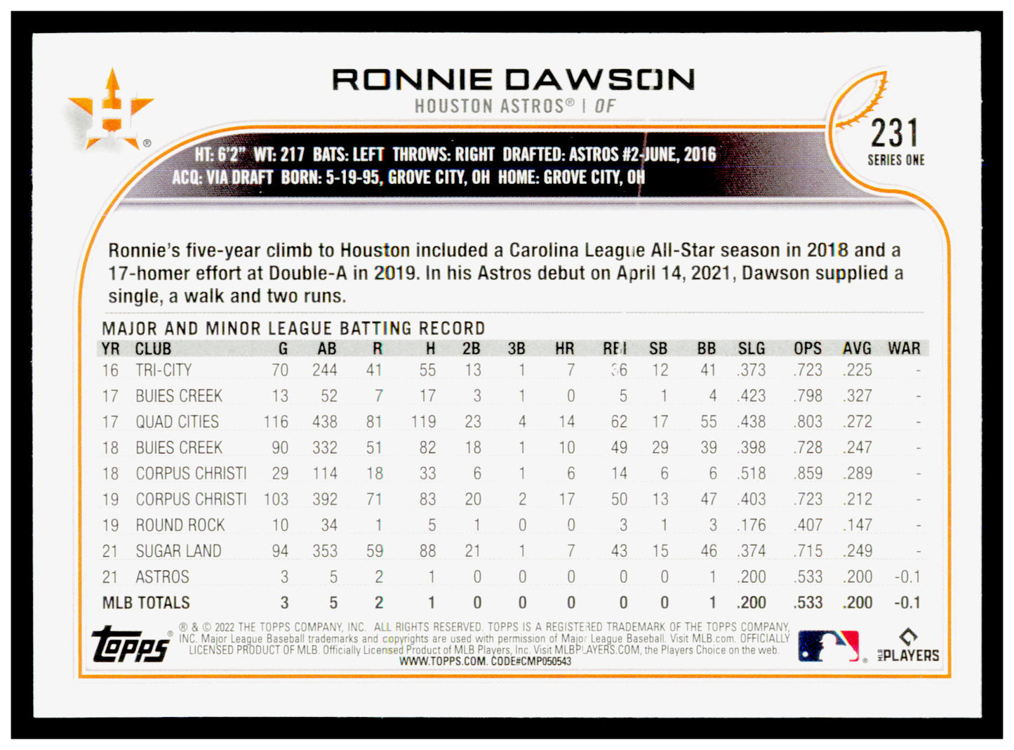 2022 Topps Ronnie Dawson  Card All-Star Game Stamped RC Houston Astros #231