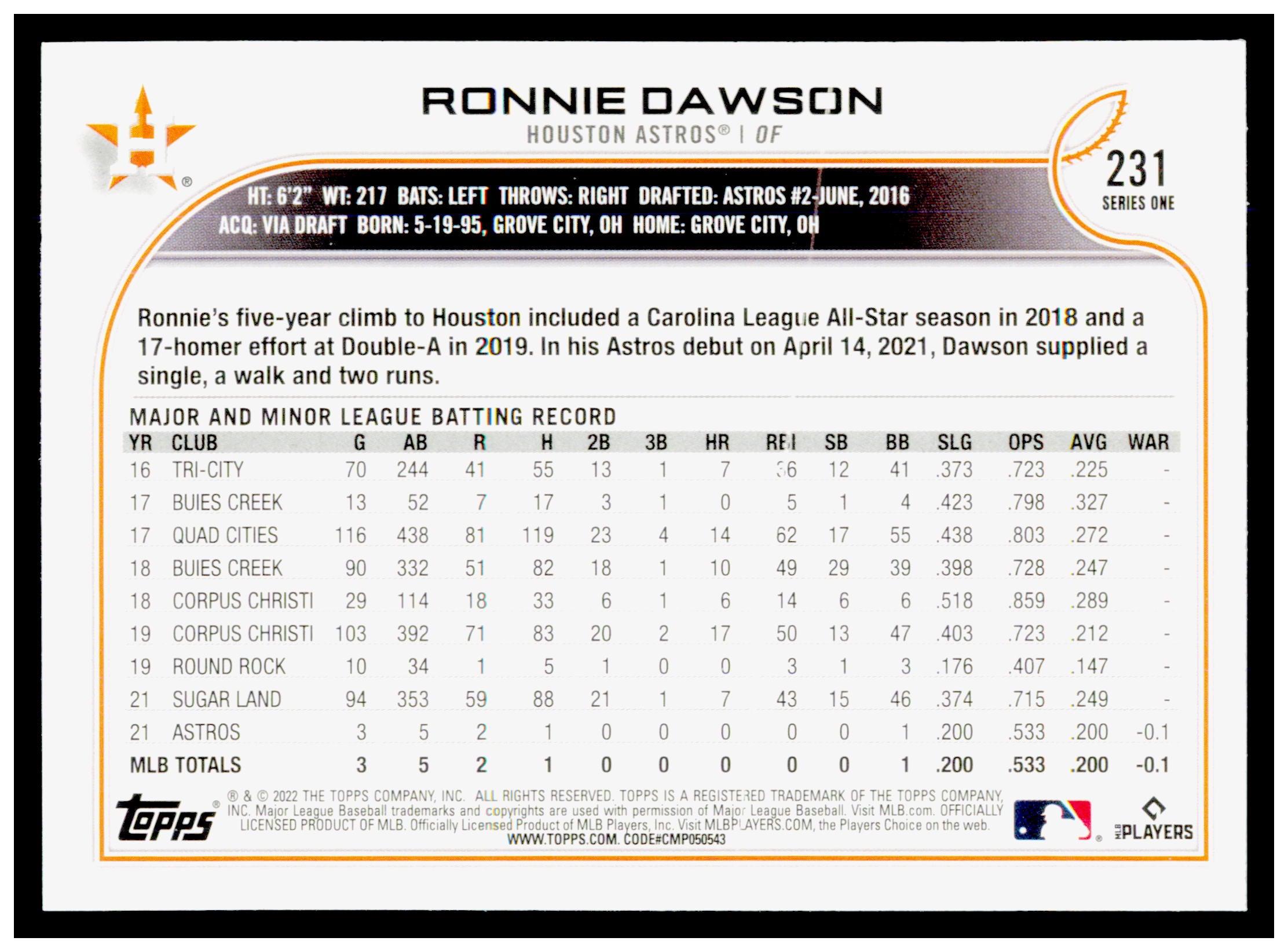 2022 Topps Ronnie Dawson  Card All-Star Game Stamped RC Houston Astros #231