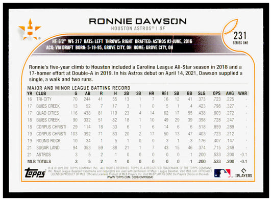 2022 Topps Ronnie Dawson  Card All-Star Game Stamped RC Houston Astros #231