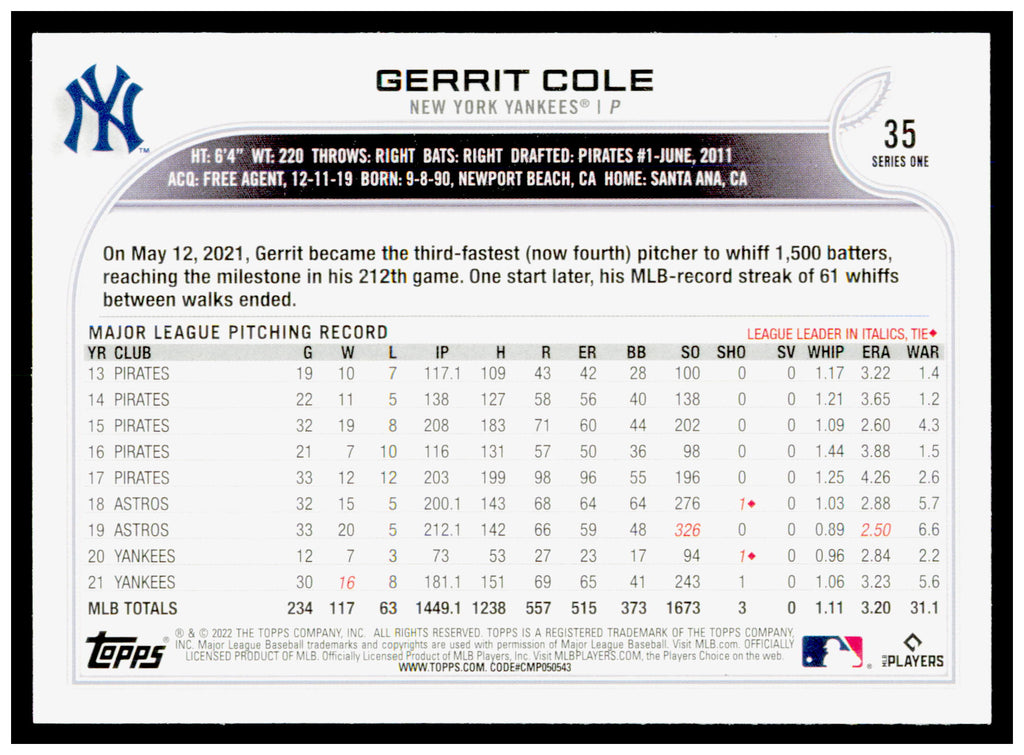 2022 Topps Gerrit Cole Card New York Yankees #35