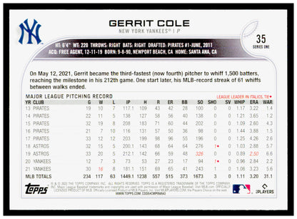 2022 Topps Gerrit Cole Card New York Yankees #35