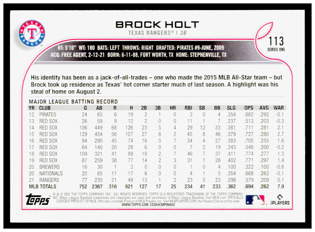 2022 Topps Brock Holt Card Texas Rangers #113