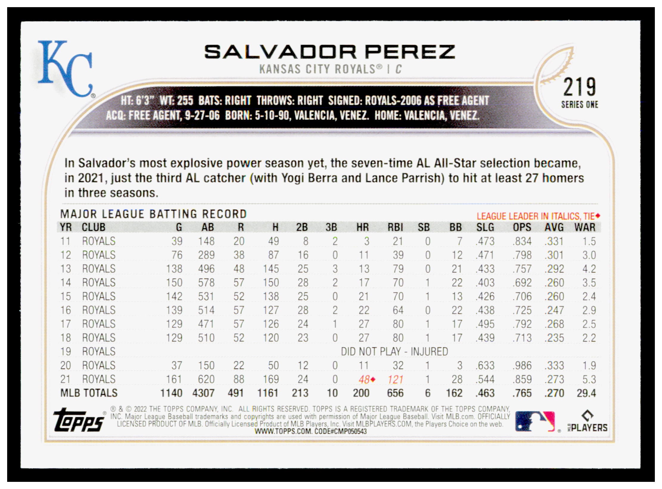 2022 Topps Salvador Perez Card Kansas City Royals #219