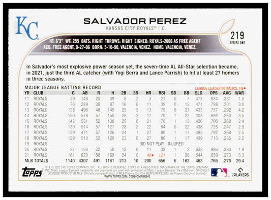 2022 Topps Salvador Perez Card Kansas City Royals #219