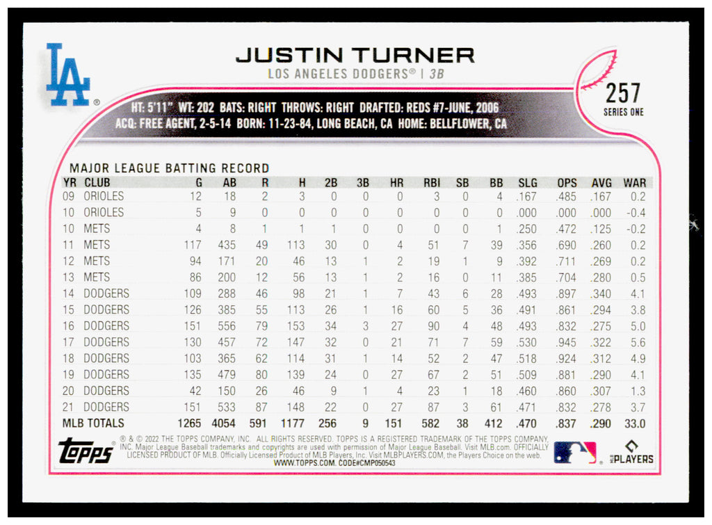 2022 Topps Justin Turner Card Los Angeles Dodgers #257