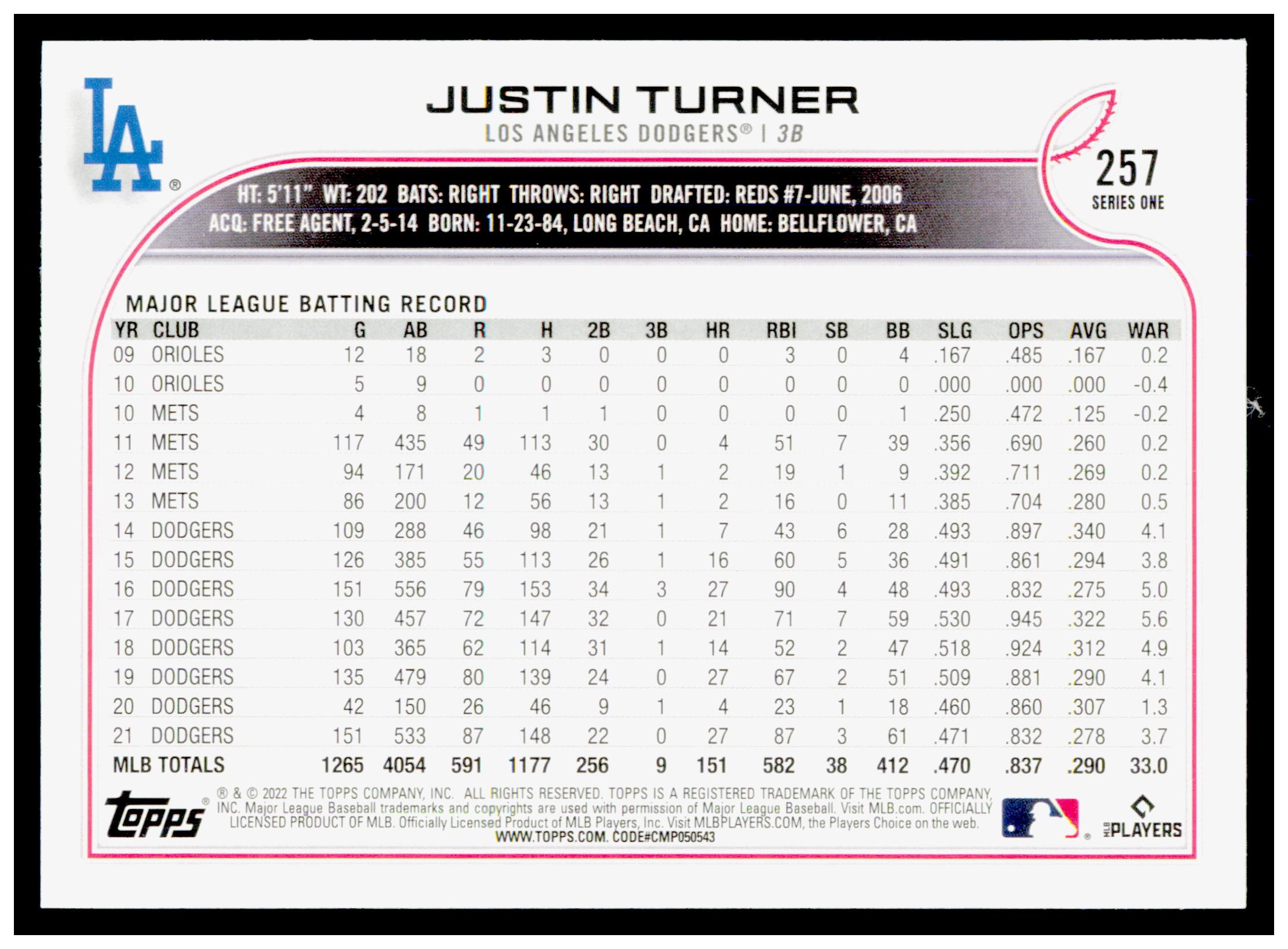 2022 Topps Justin Turner Card Los Angeles Dodgers #257