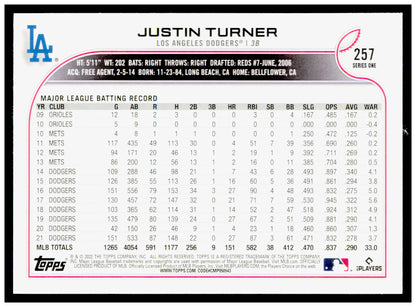 2022 Topps Justin Turner Card Los Angeles Dodgers #257