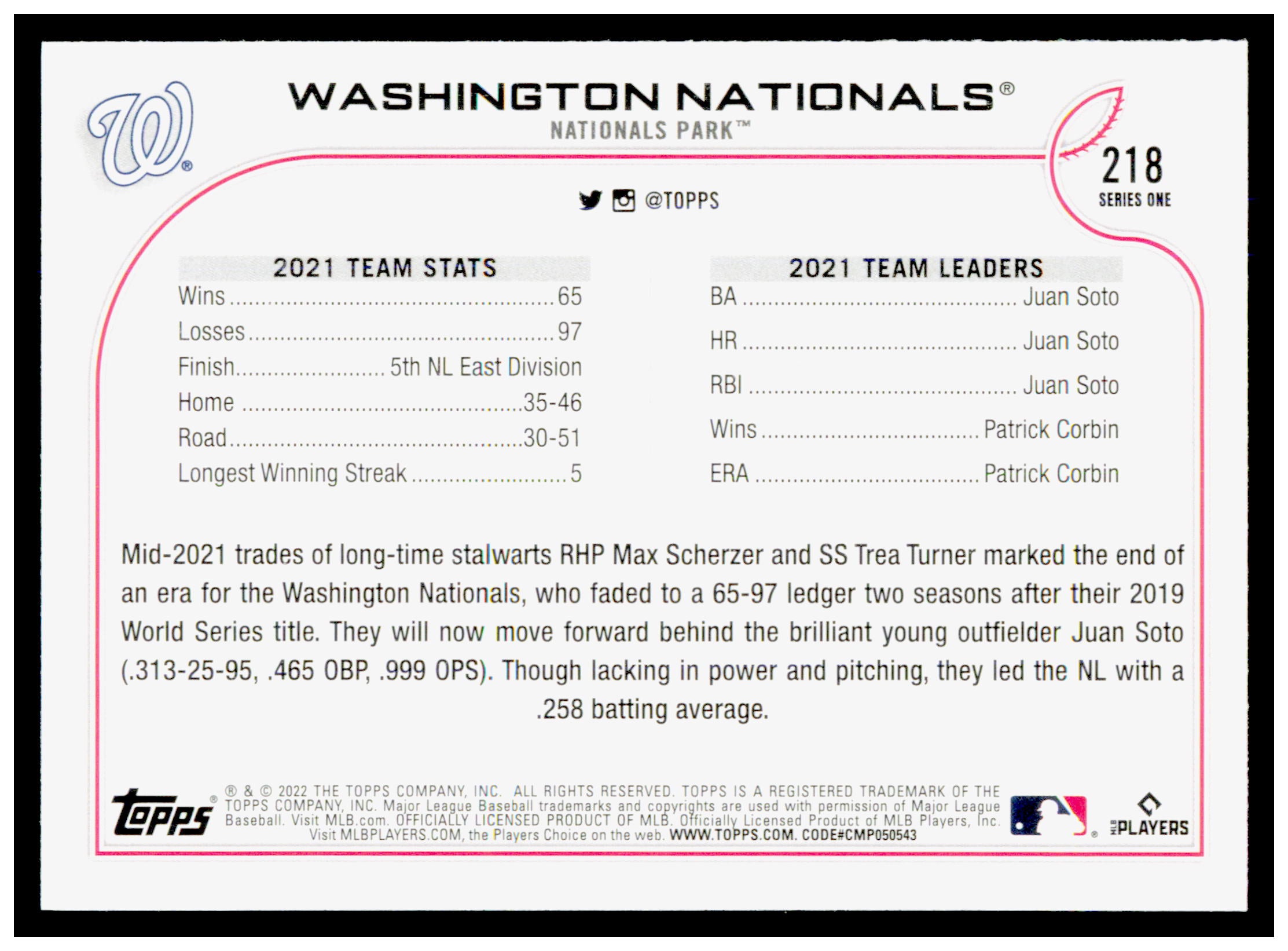 2022 Topps Series 1 Washington Nationals Team Card #218 Juan Soto Josh Bell