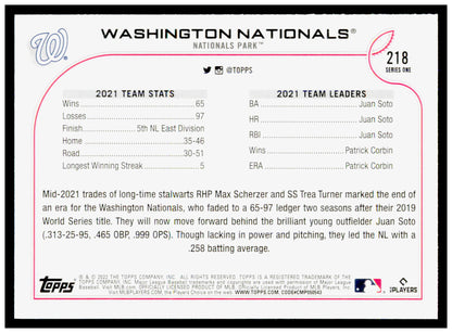 2022 Topps Series 1 Washington Nationals Team Card #218 Juan Soto Josh Bell