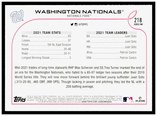 2022 Topps Series 1 Washington Nationals Team Card #218 Juan Soto Josh Bell