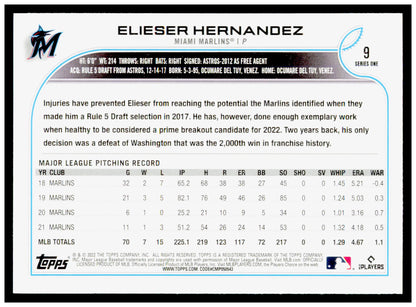 2022 Topps Elieser Hernandez Card Miami Marlins #9