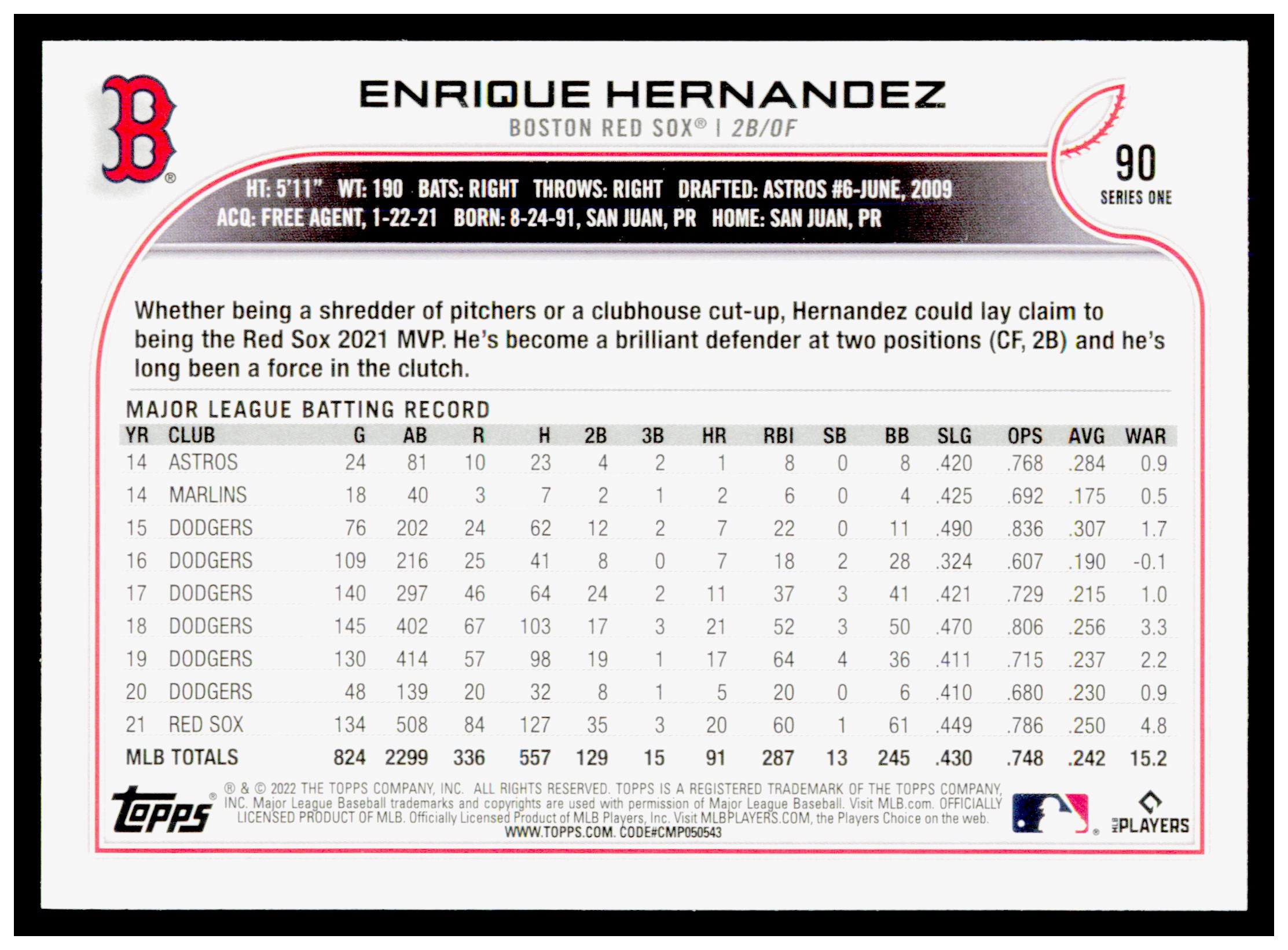 2022 Topps 1st Edition Enrique Hernandez Card Boston Red Sox #90