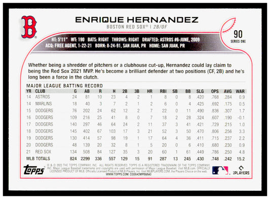 2022 Topps 1st Edition Enrique Hernandez Card Boston Red Sox #90