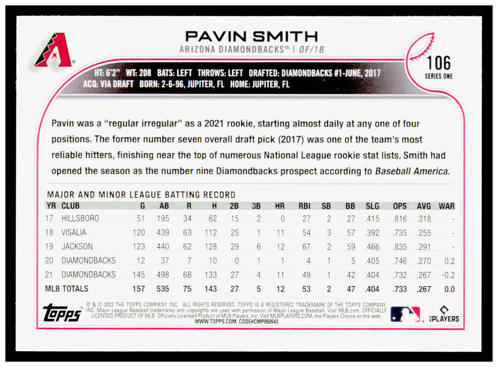 2022 Topps 1st Edition Pavin Smith Card Arizona Diamondbacks #106