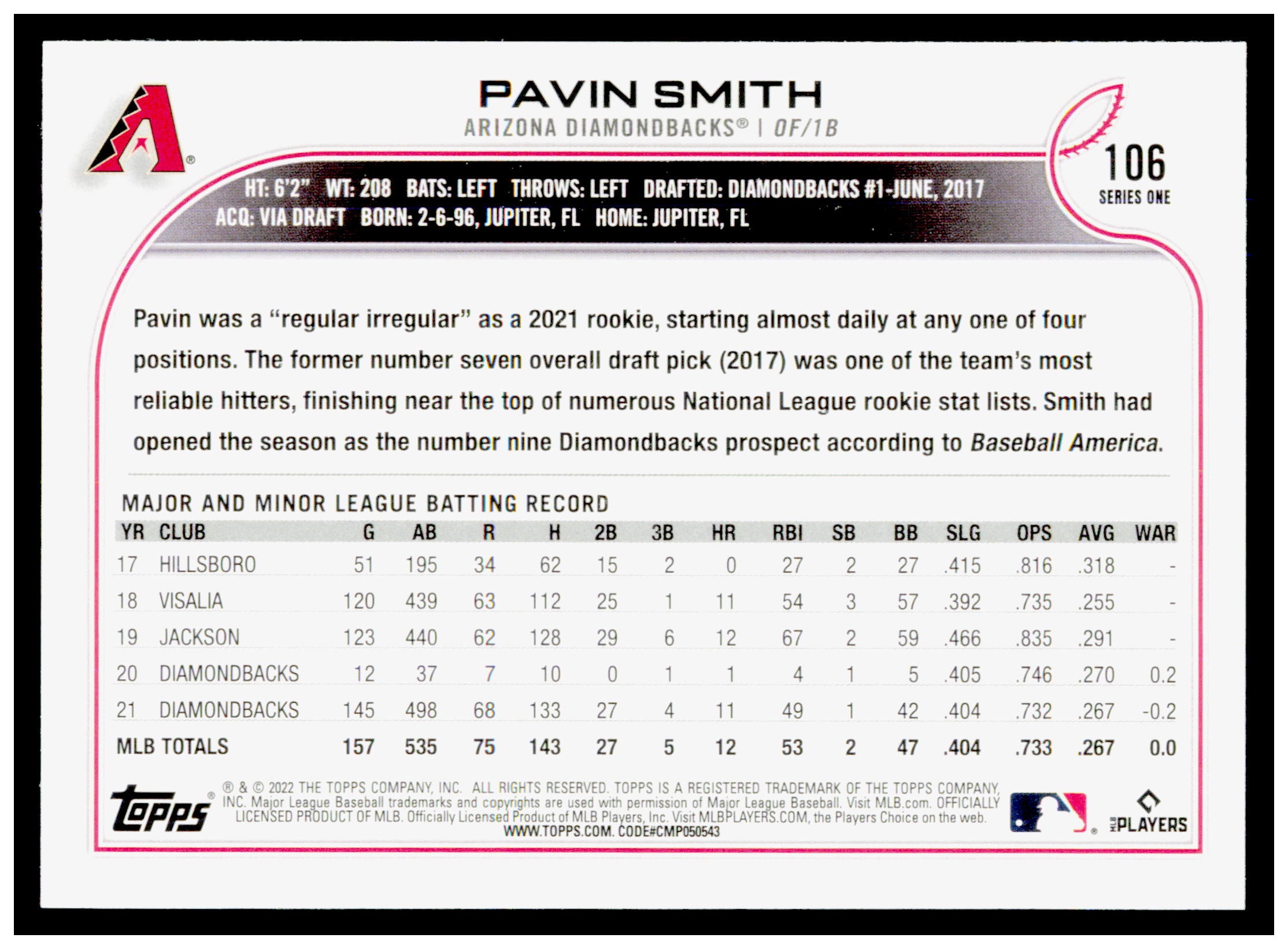 2022 Topps 1st Edition Pavin Smith Card Arizona Diamondbacks #106