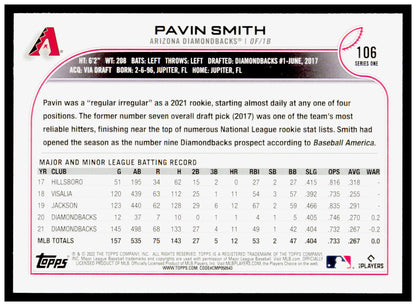 2022 Topps 1st Edition Pavin Smith Card Arizona Diamondbacks #106
