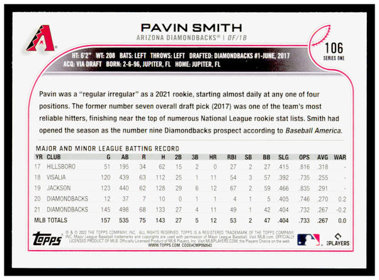 2022 Topps 1st Edition Pavin Smith Card Arizona Diamondbacks #106