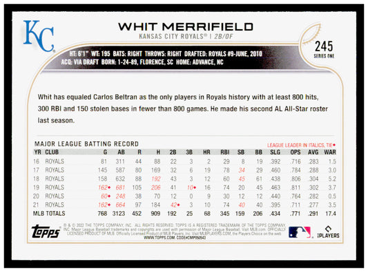 2022 Topps Whit Merrifield Card Kansas City Royals #245