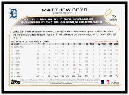 2022 Topps Matthew Boyd Card Detroit Tigers #128