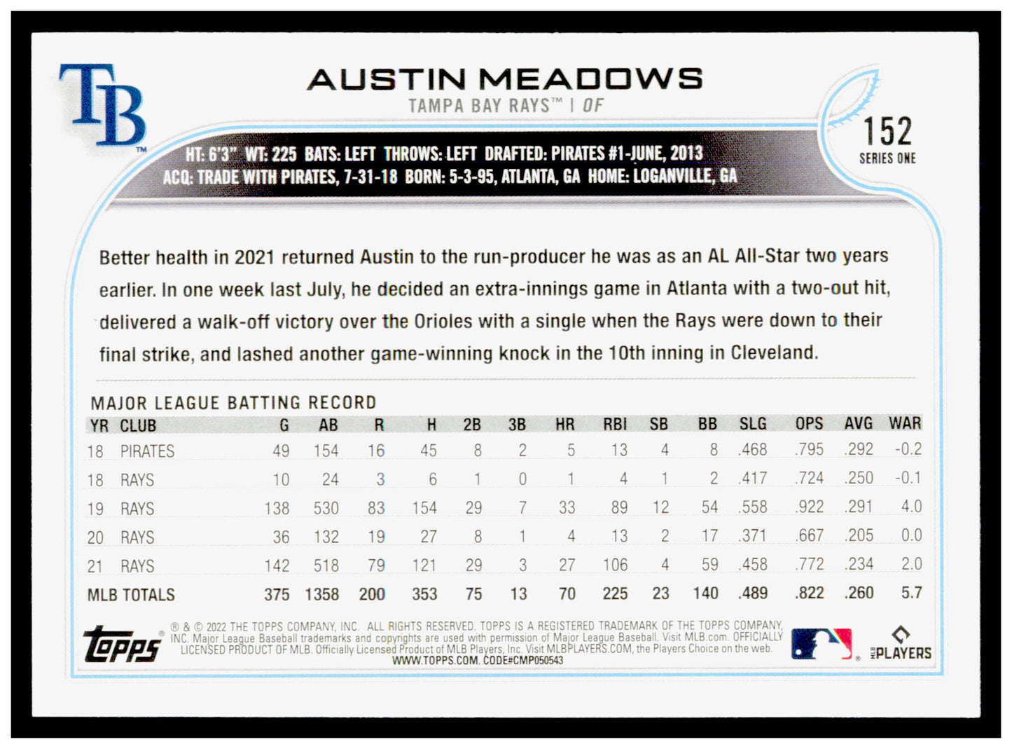 2022 Topps Austin Meadows Card Tampa Bay Rays #152