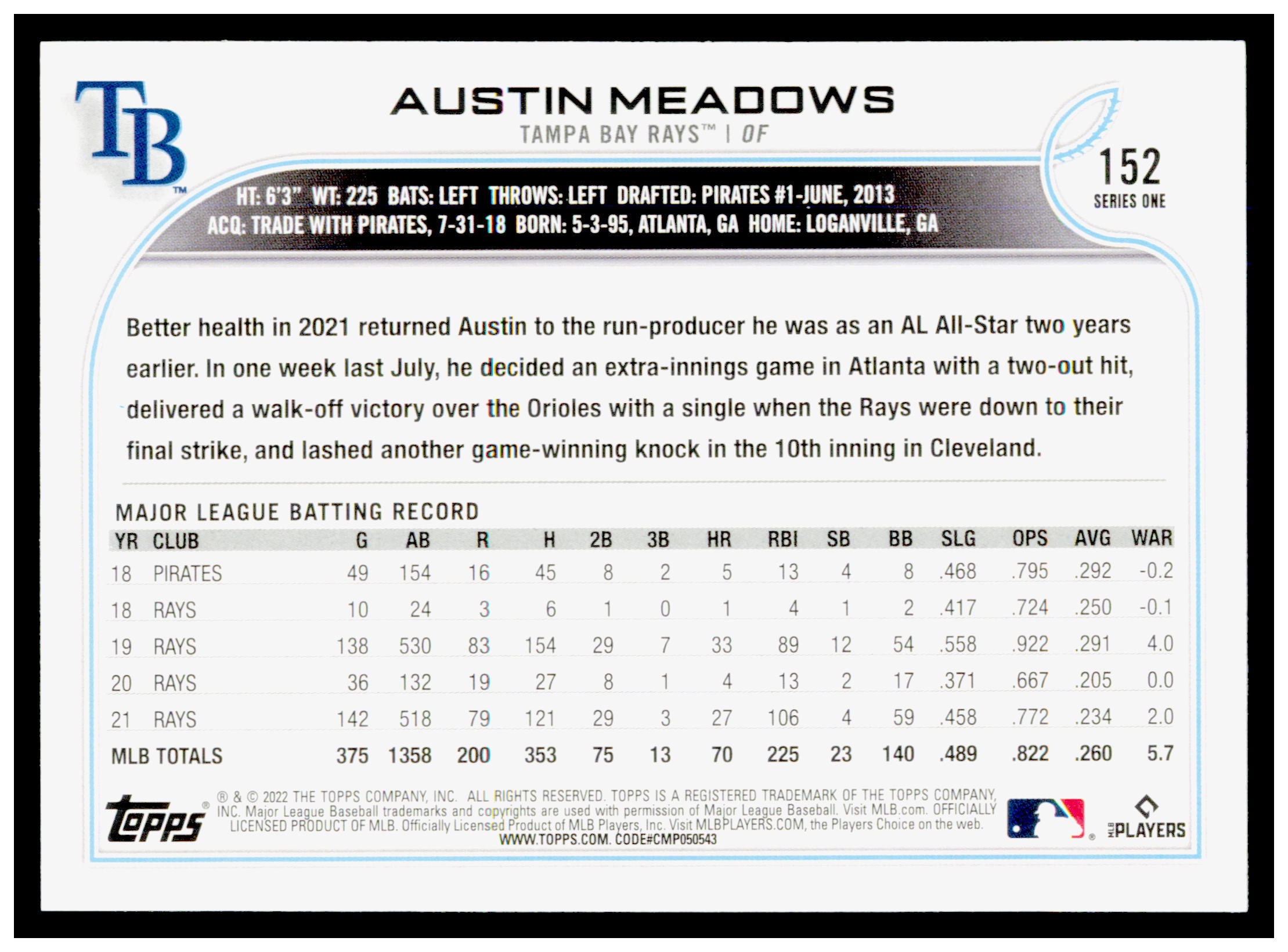 2022 Topps Austin Meadows Card Tampa Bay Rays #152