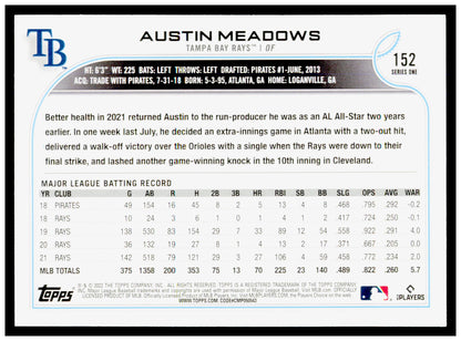 2022 Topps Austin Meadows Card Tampa Bay Rays #152