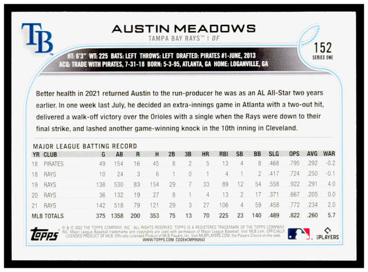 2022 Topps Austin Meadows Card Tampa Bay Rays #152