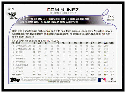 2022 Topps Dom Nunez Card Colorado Rockies #193