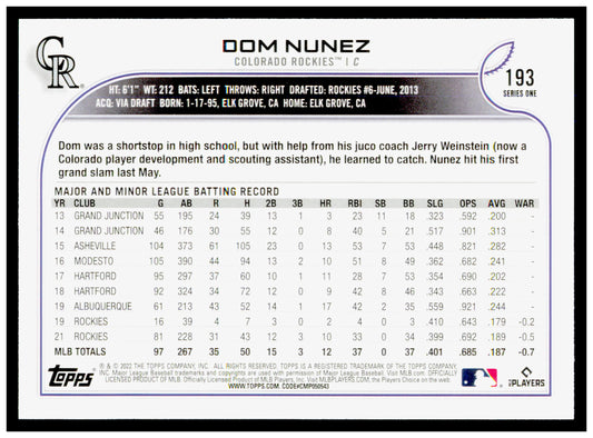 2022 Topps Dom Nunez Card Colorado Rockies #193