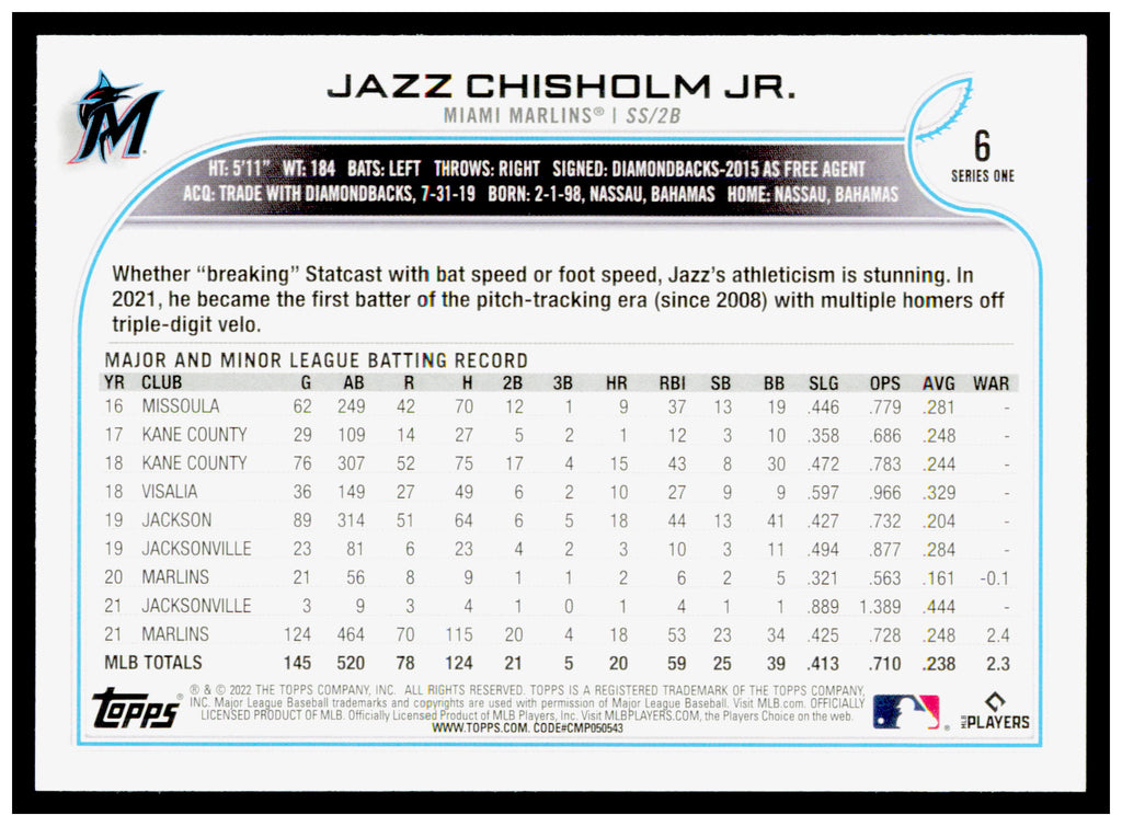 2022 Topps Future Stars Jazz Chisholm Jr. Card  Miami Marlins
