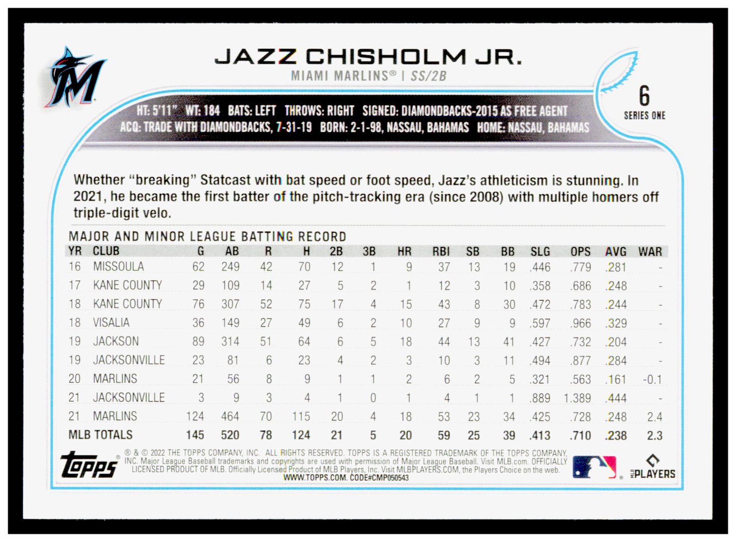 2022 Topps Future Stars Jazz Chisholm Jr. Card  Miami Marlins