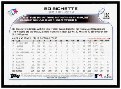 2022 Topps Bo Bichette Card Toronto Blue Jays #126
